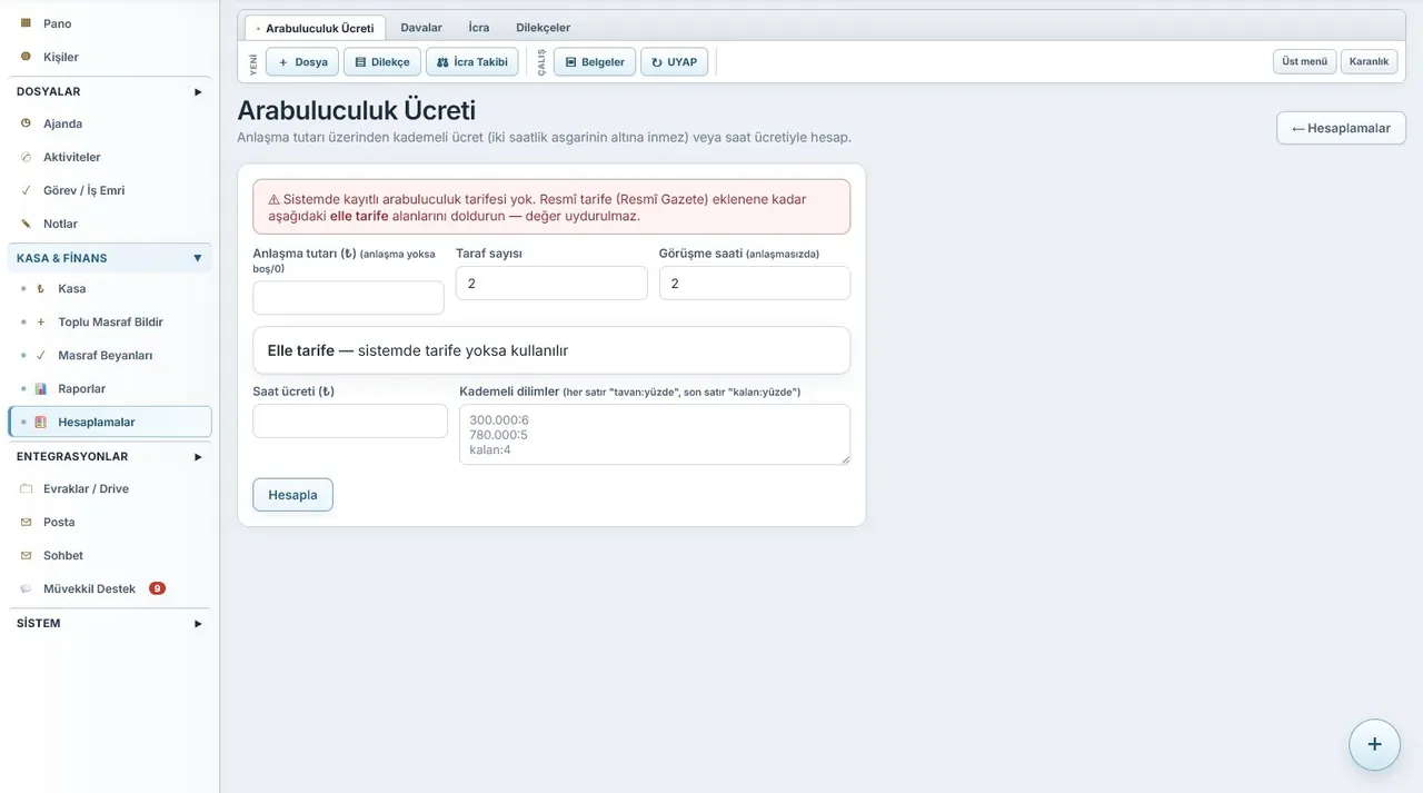 HUKBİS Arabuluculuk Ücreti Hesabı ekranı (örnek verilerle)
