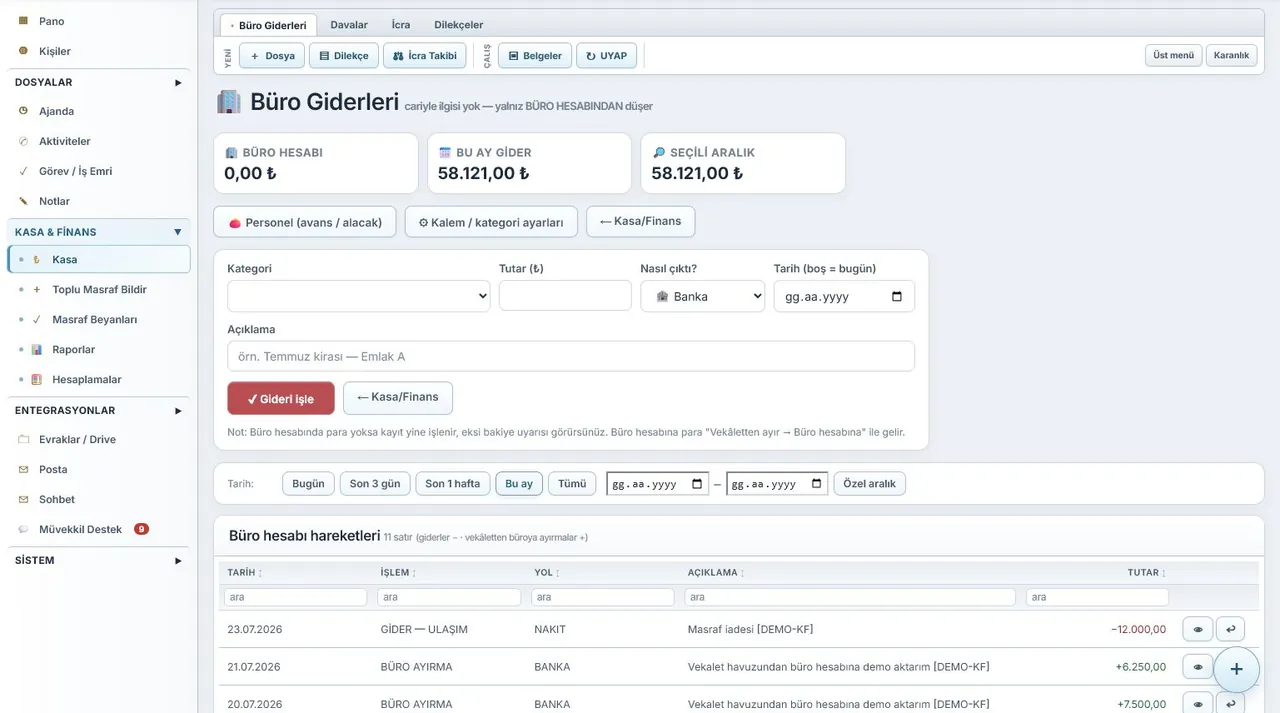 HUKBİS Büro Giderleri ekranı (örnek verilerle)