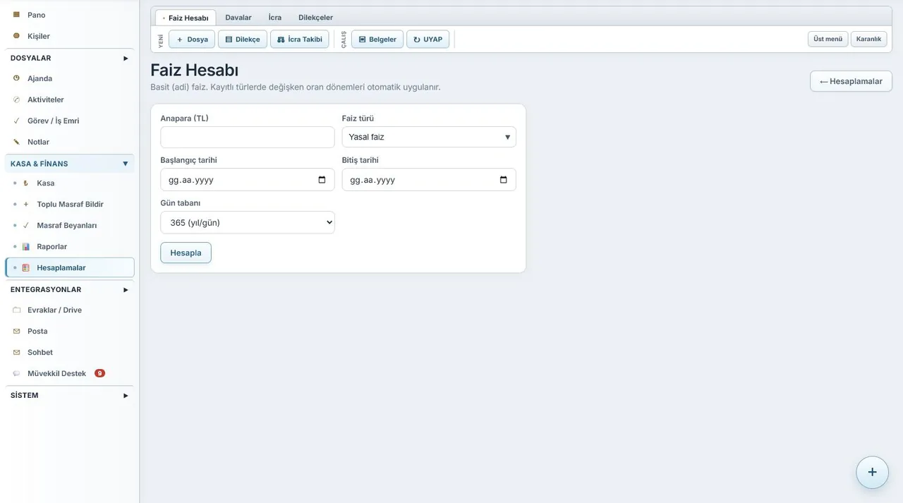 HUKBİS Faiz, Yüzde ve Döviz Hesapları ekranı (örnek verilerle)