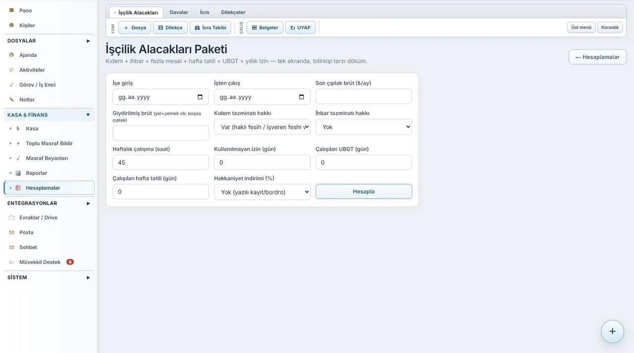 HUKBİS İşçilik, Kıdem ve İşe İade Hesapları ekranı (örnek verilerle)