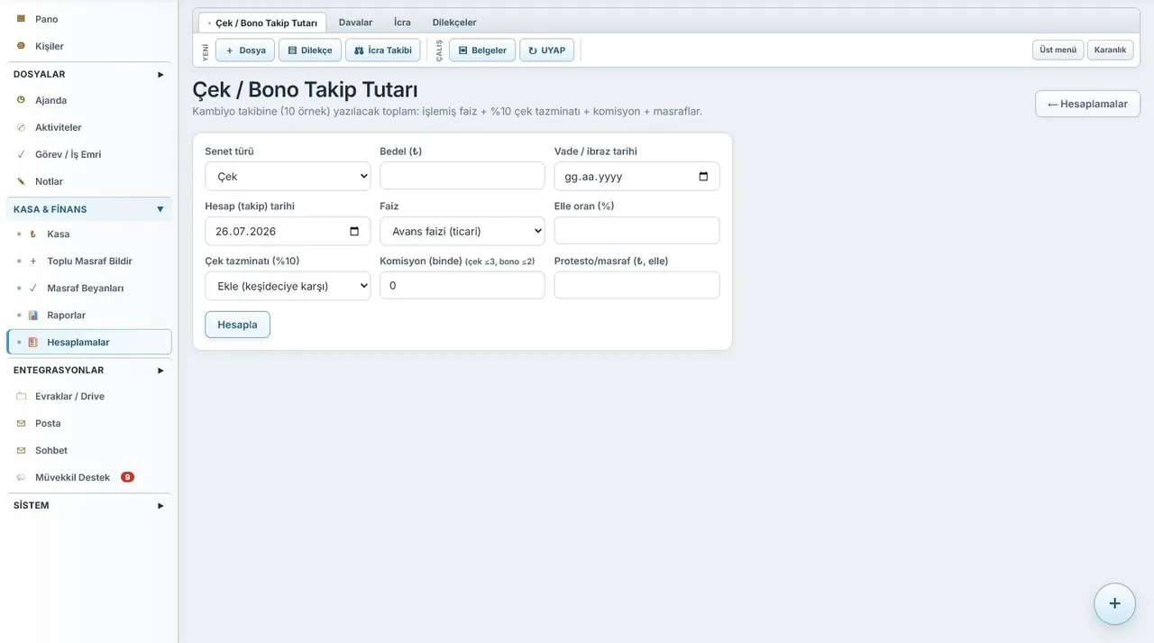 HUKBİS Kambiyo ve Sıra Cetveli Hesapları ekranı (örnek verilerle)