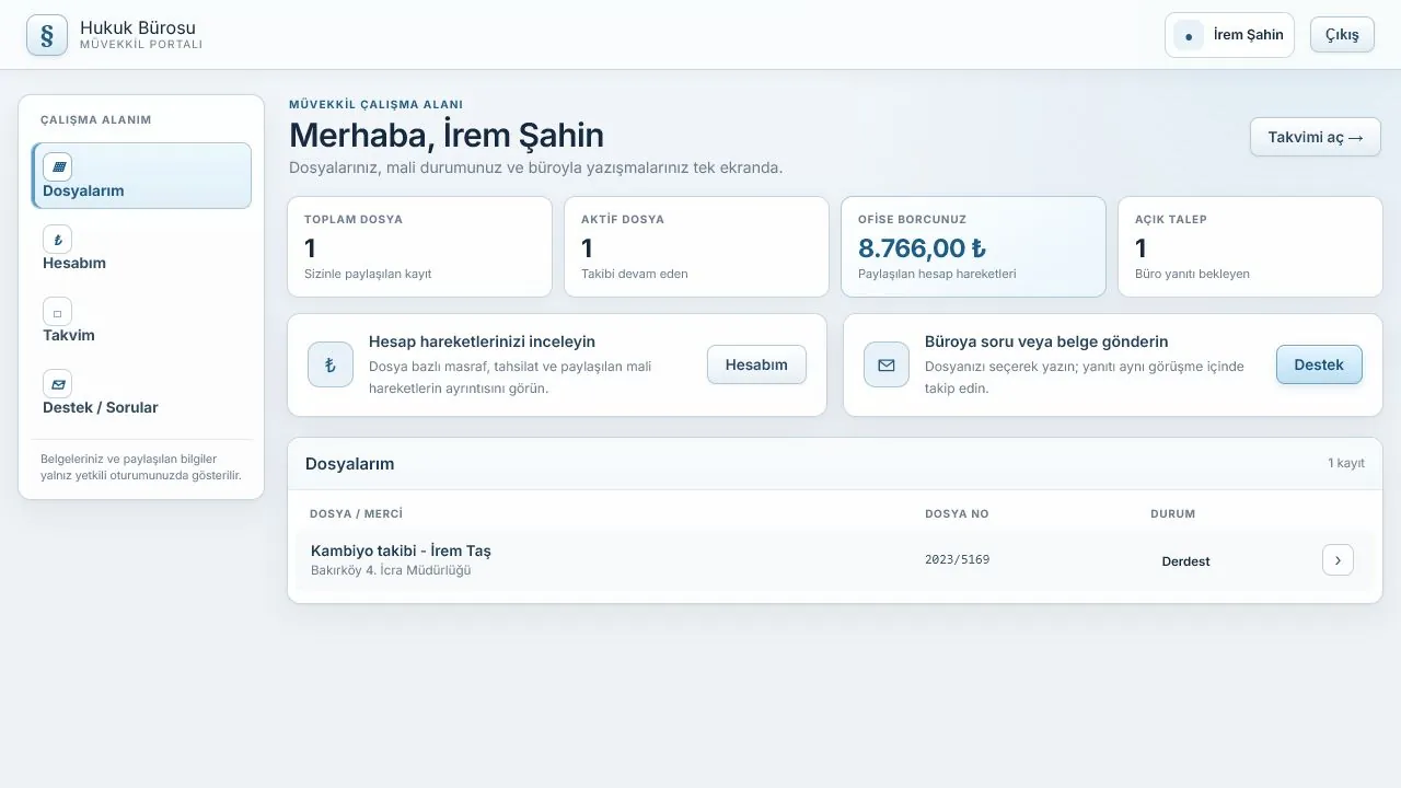 HUKBİS Müvekkil Portalı ekranı (örnek verilerle)