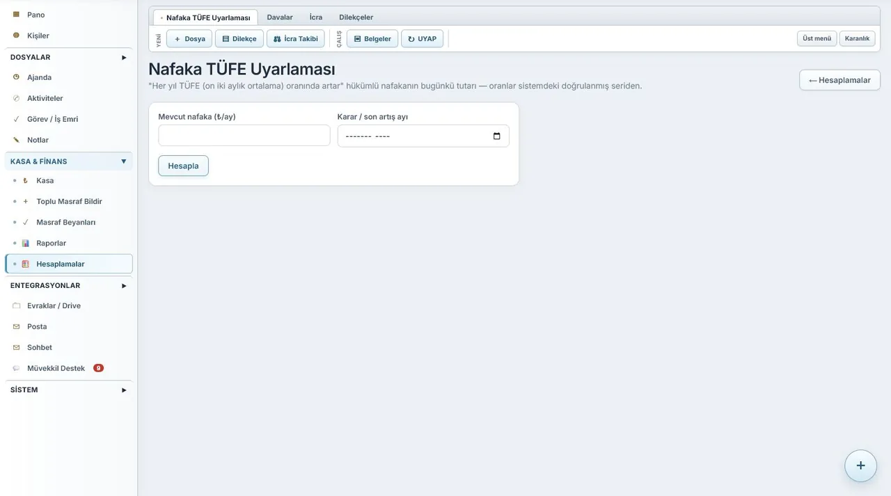 HUKBİS Nafaka ve TÜFE Uyarlaması ekranı (örnek verilerle)