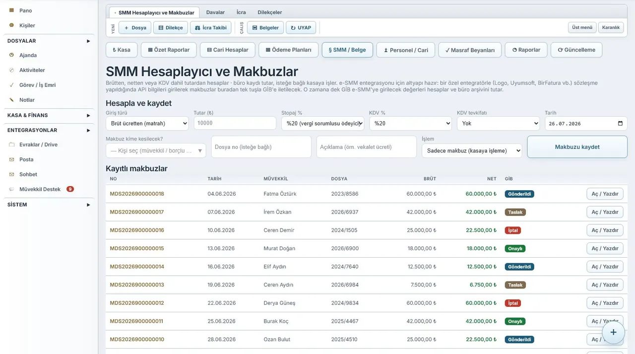 HUKBİS SMM ve e-SMM ekranı (örnek verilerle)