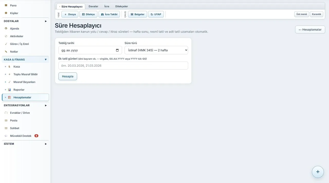 HUKBİS Süre ve Zamanaşımı Hesapları ekranı (örnek verilerle)