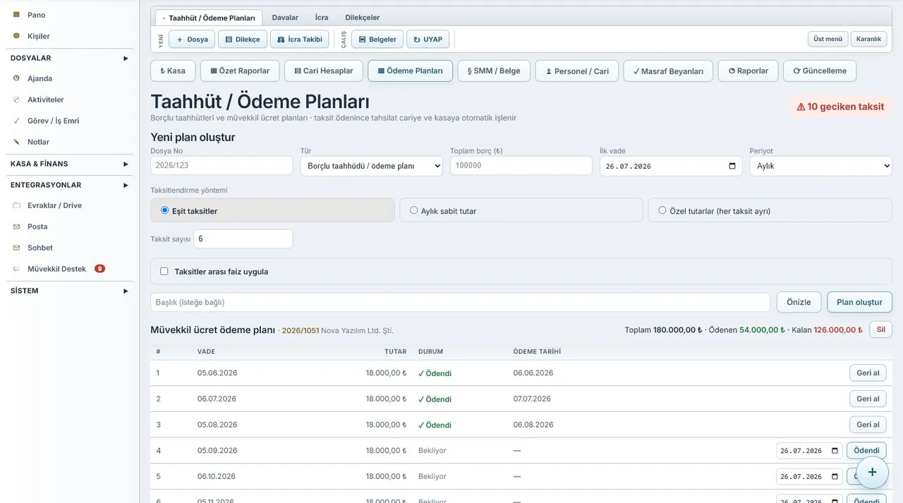 HUKBİS Taahhüt ve Ödeme Planları ekranı (örnek verilerle)