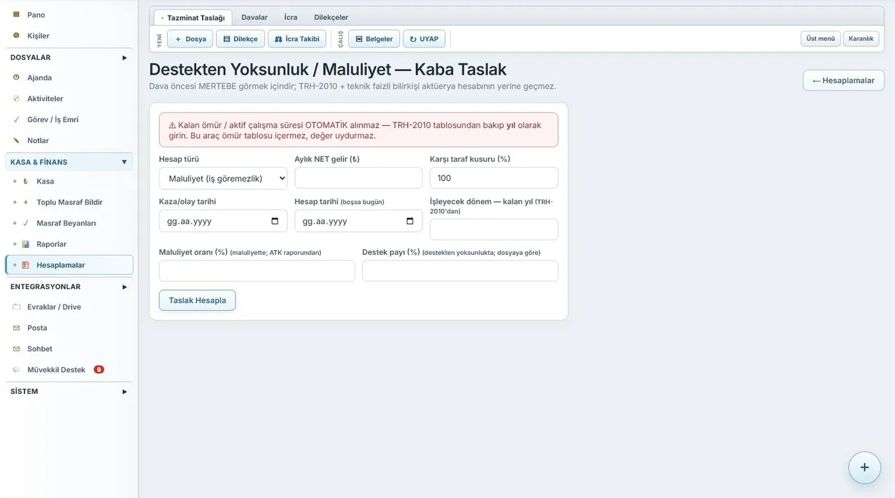HUKBİS Tazminat Hesap Taslağı ekranı (örnek verilerle)