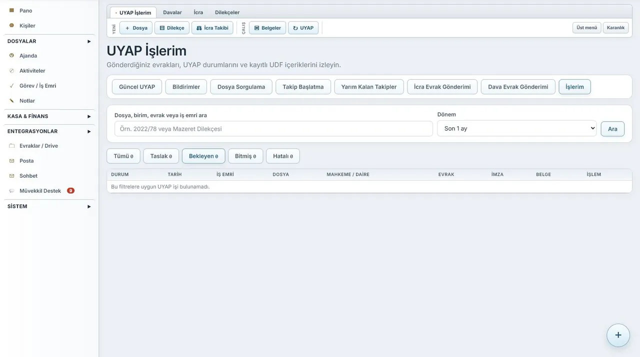 HUKBİS UYAP İşlerim ve Bildirimler ekranı (örnek verilerle)