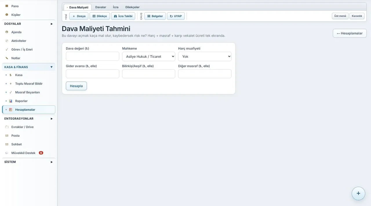 HUKBİS Vekâlet, Harç ve Dava Maliyeti ekranı (örnek verilerle)
